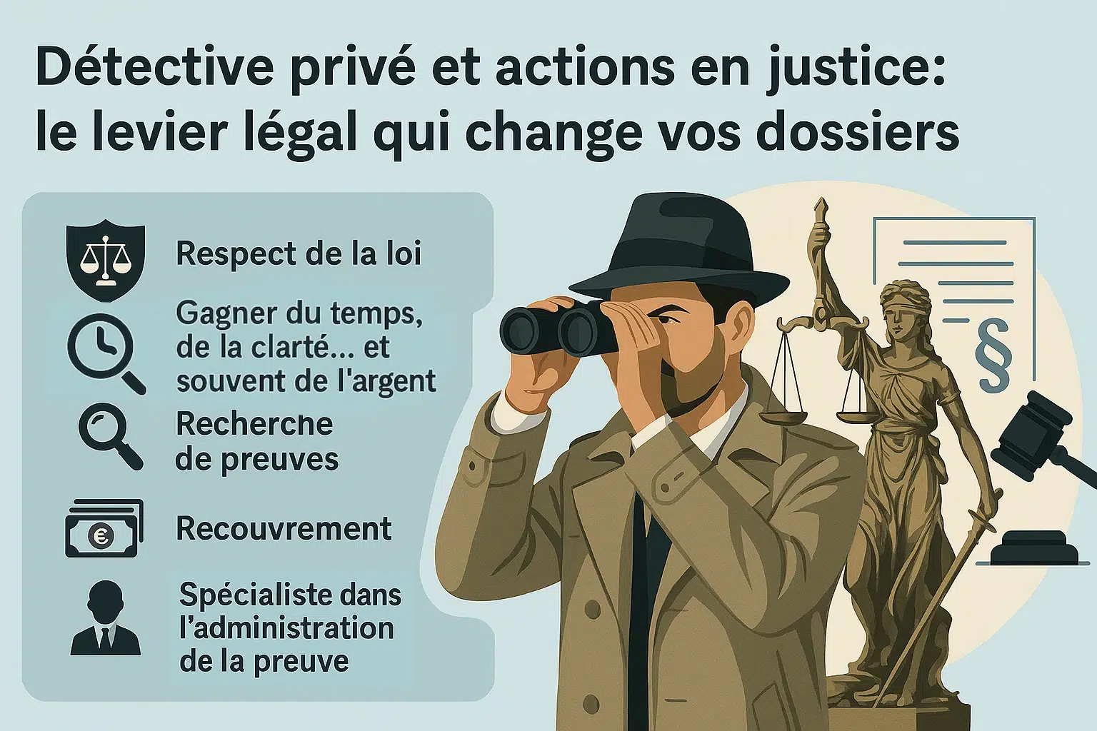 Illustration d’un détective privé observant aux jumelles avec la statue de la justice et des icônes listant ses missions : respect de la loi, gain de temps et d’argent, recherche de preuves, administration de la preuve.