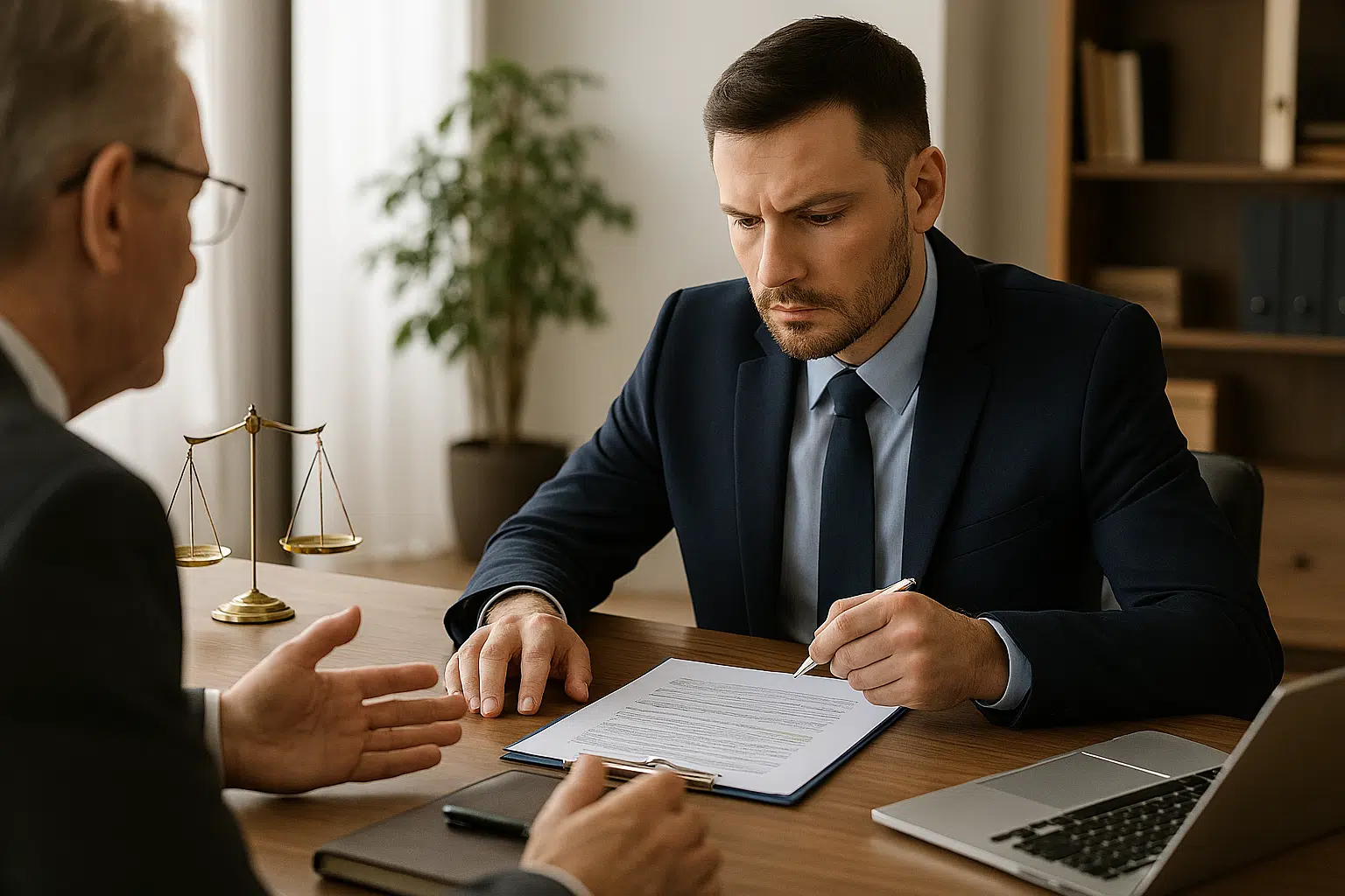 Détective privé en costume discutant avec un client, devant un document et une balance de justice, dans un bureau lumineux<br />
