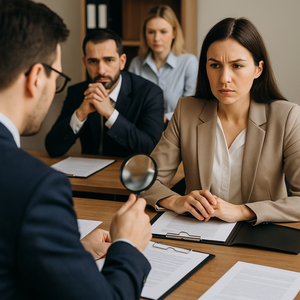 Groupe de professionnels en réunion examinant des documents dans un contexte d’enquête interne.