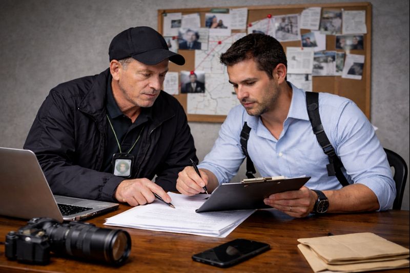 sous.traitance.signature Deux détectives privés analysent un dossier et un ordre de mission dans un bureau d’enquête