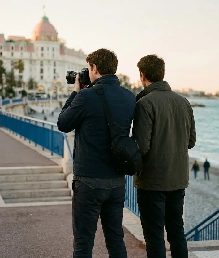 Equipe.Allarys.Detective.prive.Nice Texte alternatif (Alt Text) :Deux agents de l agence de detective prive Allarys en mission sur la Promenade des Anglais a Nice