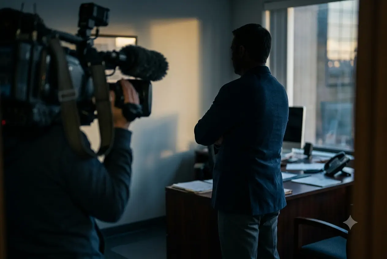 Caméra de télévision face à un détective privé, illustrant les limites juridiques du tournage d'une enquête réelle